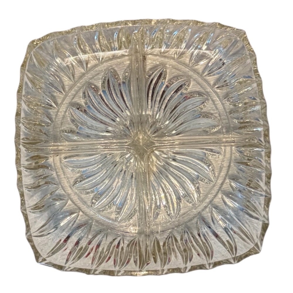Vintage Federal Glass Divided Relish Dish Pinwheel Starburst 4-Section Square